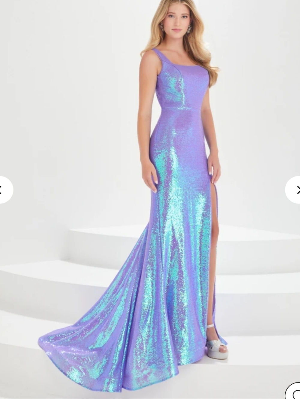Size 10 lavendertank strap square neckline fully sequin gown w/ leg slit & train